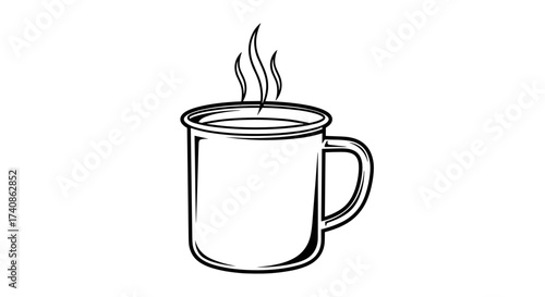 Hot milk in enamel mug with steam, cozy drink for winter days