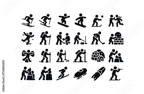 vector solid black filled icons Snow Activities (Sports) skiing, downhill, cross, snowboarding, jump, ride, sledding, hill, race, ice, skating, figure, hockey, game.