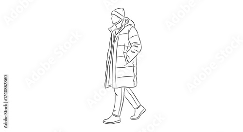 Man in down coat walking casually on street during winter season