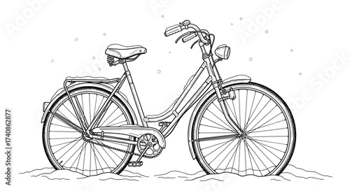 Old bicycle covered in snow, vintage style in winter scenery