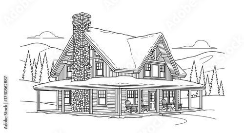 Ski lodge exterior covered in snow, cozy mountain retreat in winter landscape