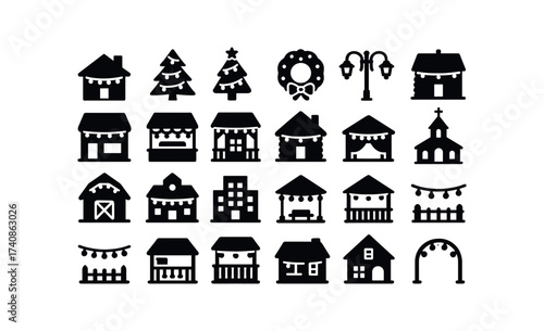 vector solid black filled icons Christmas Lights (Scenes) house, lights, tree, wreath, street, shop, market, cabin, lodge, barn, hall, lights.