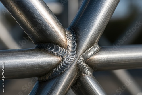 Close - up of welded metal profiles forming a structural joint. Industrial scene highlighting precision welding, metal framework assembly, and engineering craftsmanship. 