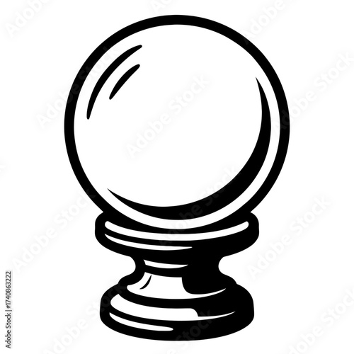 Striking black and white vector illustration of a classic crystal ball on an ornate stand, embodying mystical future prediction, psychic divination, and spiritual enlightenment for occult, fantasy, ma