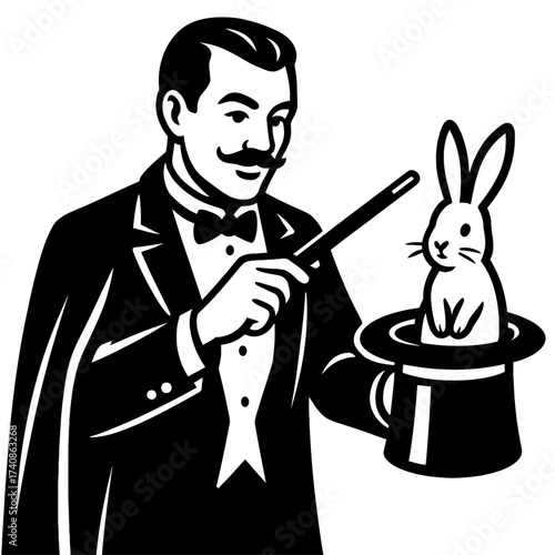 Vintage black and white illustration of a dapper magician with mustache and tuxedo, performing the classic 'rabbit from a hat' magic trick using a wand. He presents a white bunny from his top hat, emb
