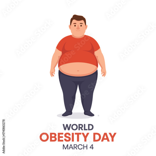 Cartoon man with obesity in red shirt and blue pants for World Obesity Day overweight illustration