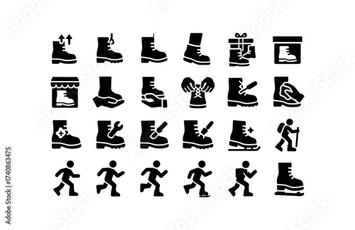 vector solid black filled icons Snow Boots (Scenes) boot, drying, hanging, wearing, carrying, gifting, storing, selling, buying, tying, lacing, boot.