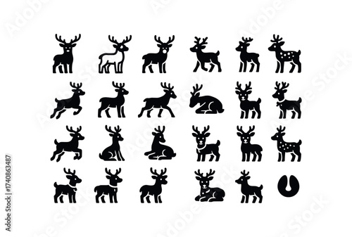 vector solid black filled icons Reindeer (Appearance) brown, reindeer, white, red, nose, big, antlers, small, spotted, fur, strong, body, slim, running, legs, standing, pose, sleeping.