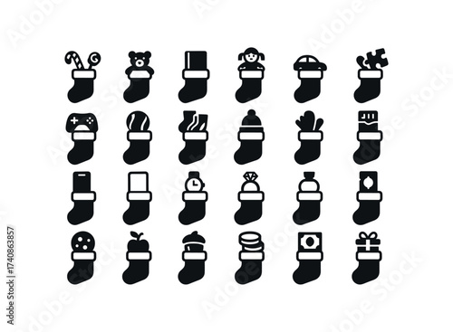 vector solid black filled icons Christmas Stockings (Contents) candy, stocking, toy, book, doll, car, puzzle, game, ball, socks.
