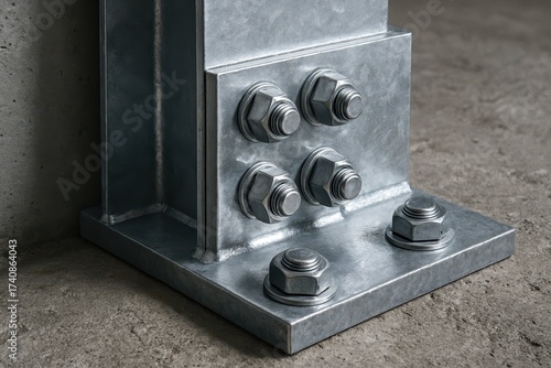 Close-up of a galvanized steel structure base fixed to the ground with bolts. Modern construction detail showing strength, precision, and industrial engineering.
