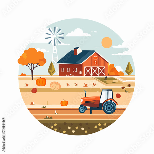 Autumn barn with pumpkins and tractor