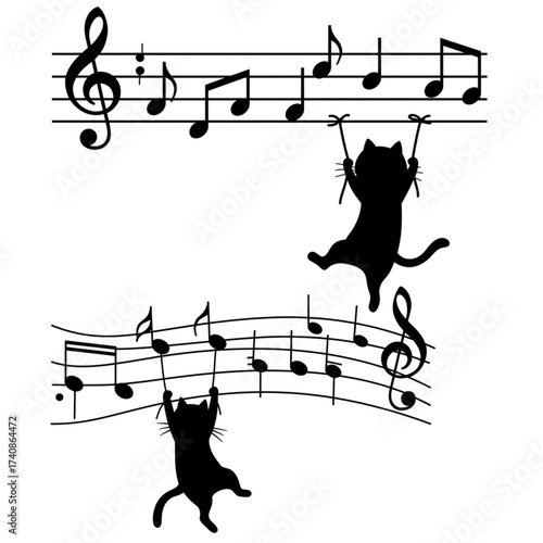 Playful black cats swing on musical notes creating a whimsical melody, perfect for creative projects and children's themes