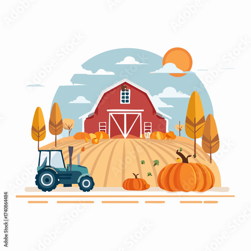 Autumn barn with pumpkins and tractor