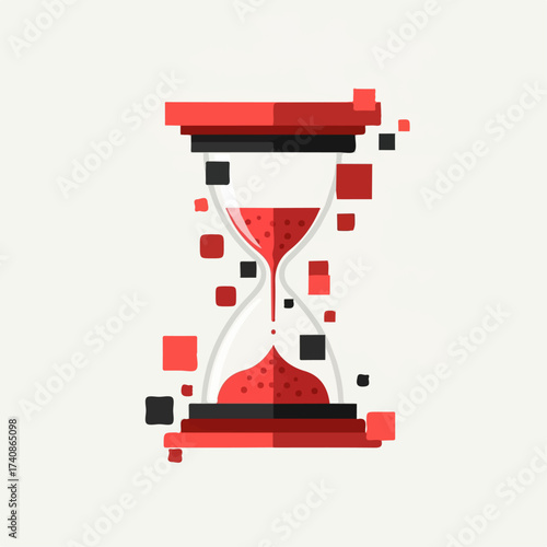 Modern Red and Black Hourglass with Floating Geometric Squares and Dotted Sand