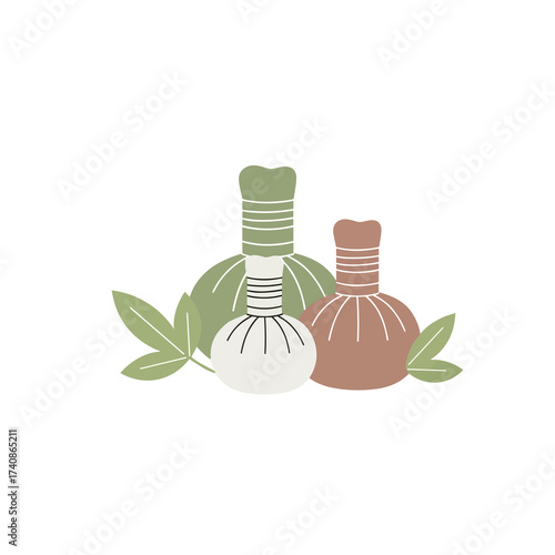 Herbal compress balls illustration with green leaves and natural tones  