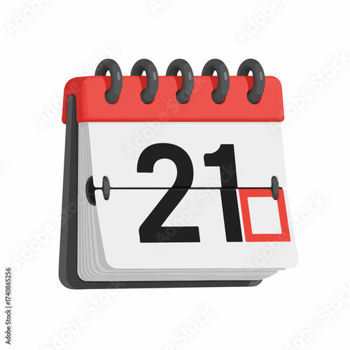 Iconic red flip calendar with black spiral rings, displaying the number 21 on a white page.