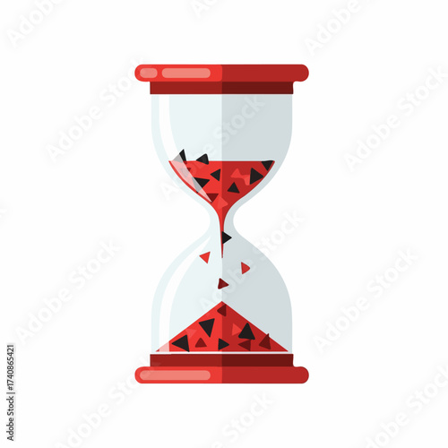 A red-framed hourglass with geometric black and red triangular sand flowing through.