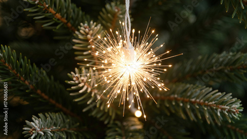 Glowing Christmas Light Starburst Ornament on Pine Tree Branch