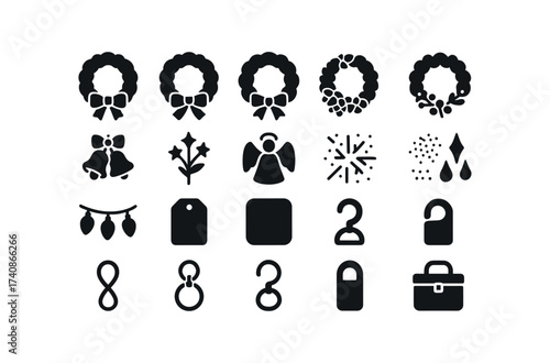 vector solid black filled icons Wreaths (Decorations) red, bow, gold, ribbon, silver, pinecones, set, berry, picks, bell, cluster, star, angel, snow, spray, frost, tips, glitter, dust.