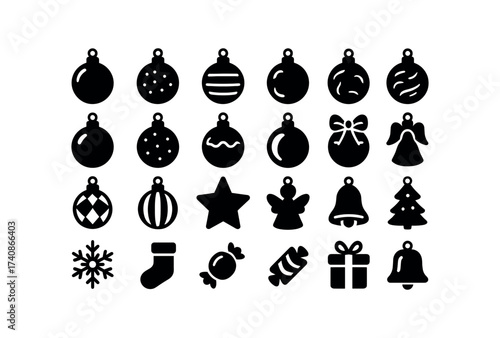 vector solid black filled icons Ornaments (Decorations) glass, ball, metal, wooden, clay, paper, felt, yarn, crystal, plastic, glitter, frosted, neon.