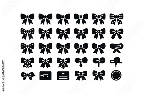 vector solid black filled icons Bows (Decorations) red, tails, green, gold, silver, plaid, stripe, polka, glitter, dust, crystal, center, pearl, button, center.
