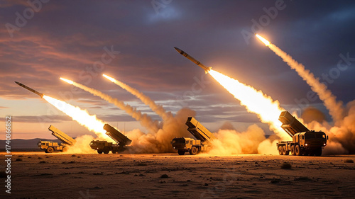 A military missile laucher vehicle in dessert firing missiles into the sky against cloudy dark sky background	