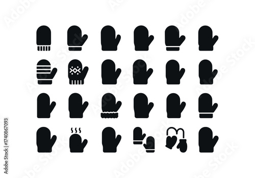 vector solid black filled icons Mittens (Types) wool, mittens, leather, felt, knit, red, green, white, striped, patterned, plain.