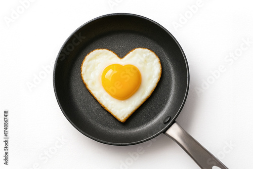 Heart shaped fried egg on white background
