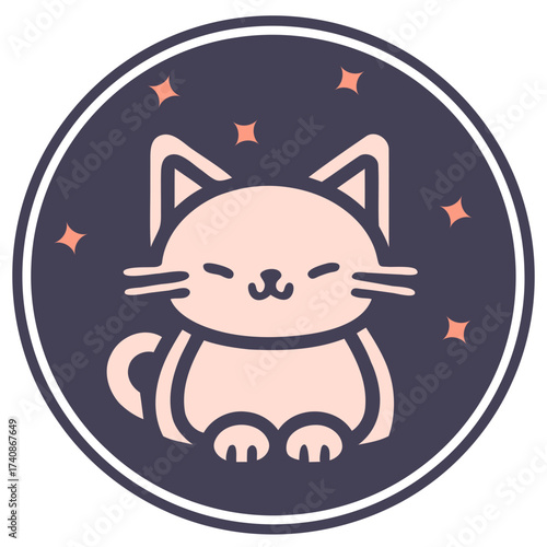 Illustration of a cute cat with closed eyes surrounded by stars inside a dark circle border