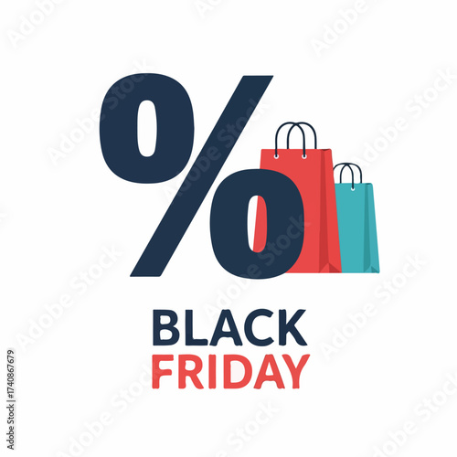 Black Friday sale graphic with a large percentage sign and colorful shopping bags. Modern flat vector illustration for retail promotion and discounts.