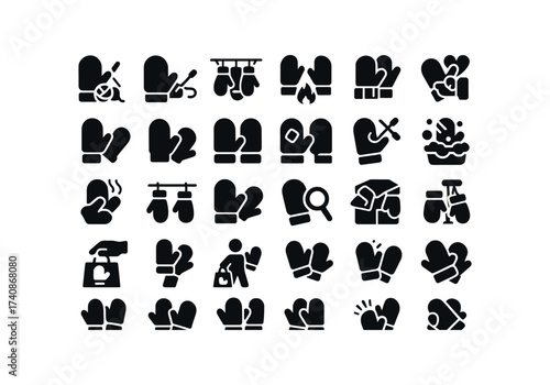 vector solid black filled icons Mittens (Scenes) mittens, knitting, sewing, drying, warming, gifting, wrapping, wearing, pairing, mittens.