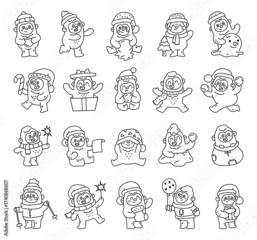Yeti christmas character set in outline line art showing winter holiday activities with santa hat, different emotions and poses, holding snowball, gift, sparkler, balloon, stocking