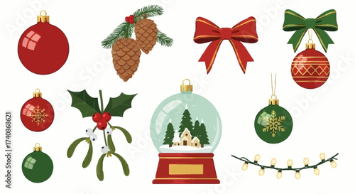 Festive Holiday Ornaments and Decorations on White