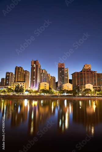 Night view of buildings along the Daqing River in Zhangjiakou City,Hebei Province