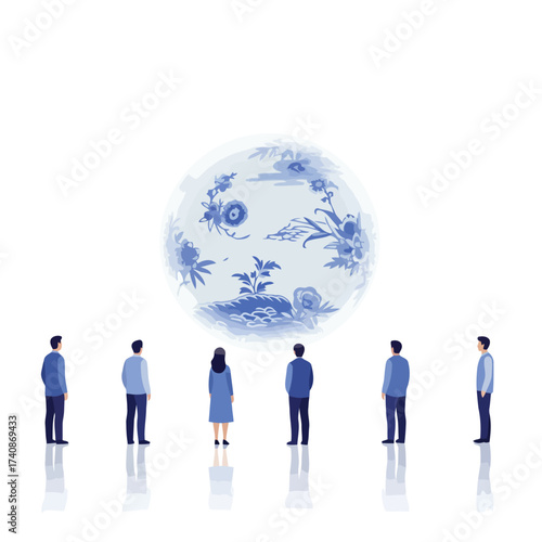 People admiring a celestial art illustration