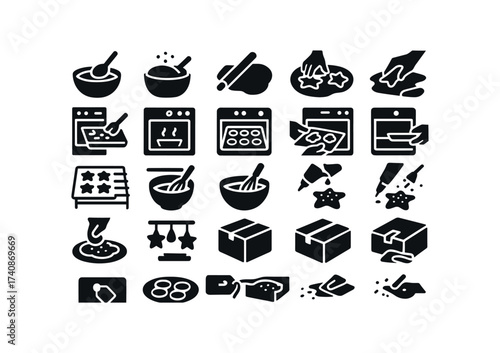 vector solid black filled icons Cookie Baking (Scenes) dough, mixing, chilling, rolling, shape, cutting, scrap, lifting, sheet, loading, oven, preheat, baking, check, open, oven.