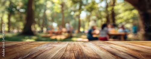 The Wooden Table in a Park Sunlit Moment with People