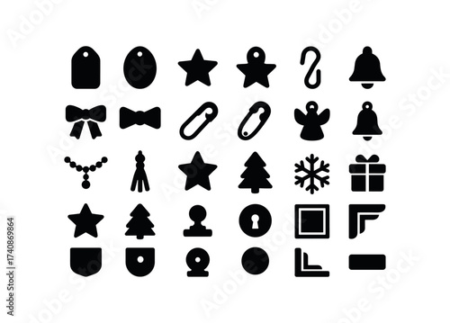 vector solid black filled icons Advent Calendar (Decorations) number, tag, disk, star, bell, ribbon, tie, bow, clip, pin, hook, bead, string, tassel, charm, charm.