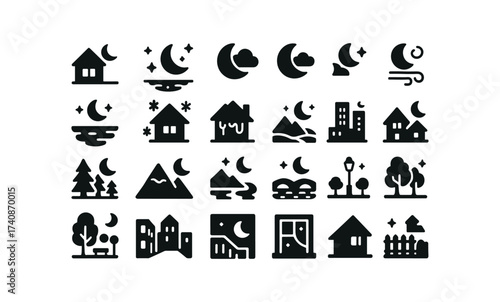 vector solid black filled icons Winter Nights (Scenes) quiet, night, starry, moon, cloudy, foggy, windy, calm, snowy, icy, polar, city, night.