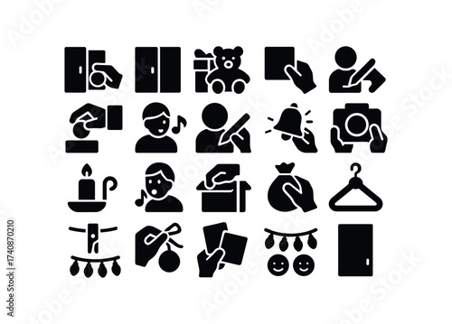 vector solid black filled icons Advent Calendar (Scenes) day, opening, door, closing, gift, hiding, note, placing, treat, toy, clue, writing, reading, candle, lighting, song, singing.