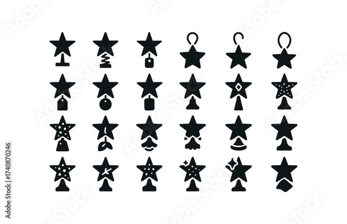 vector solid black filled icons Tree Toppers (Decorations) clamp, base, spring, clip, tie, hook, loop, cord, tag, card, name, date, glitter, edge, pearl, bead, gem, stone, sequin.