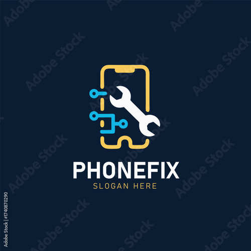 Phone repair logo design with smartphone and wrench for mobile service, gadget fix, and tech branding