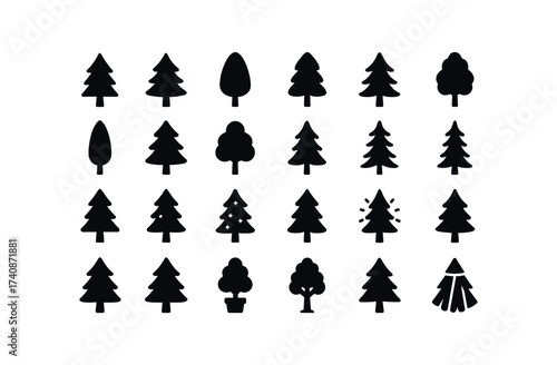 vector solid black filled icons Trees (Types) pine, tree, fir, spruce, cedar, juniper, tall, short, wide, slim, full, sparse, snow, frosted, tree.