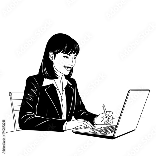 A woman in a suit, typing on a laptop with one hand and holding a pen in the other, ready to take notes.