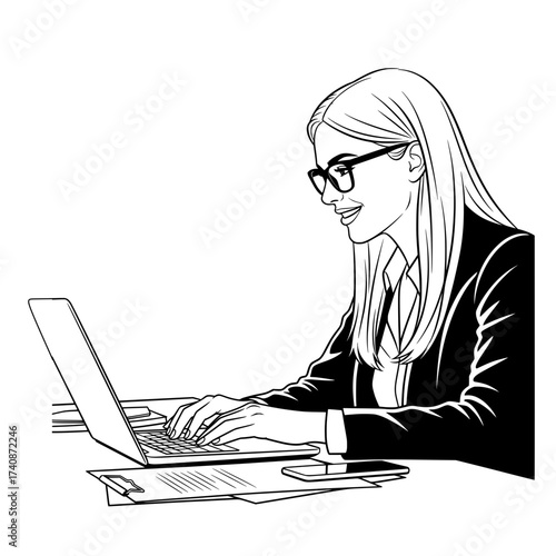 Black and white line art vector illustration of a happy businesswoman with long hair and glasses, actively typing on a laptop at her desk