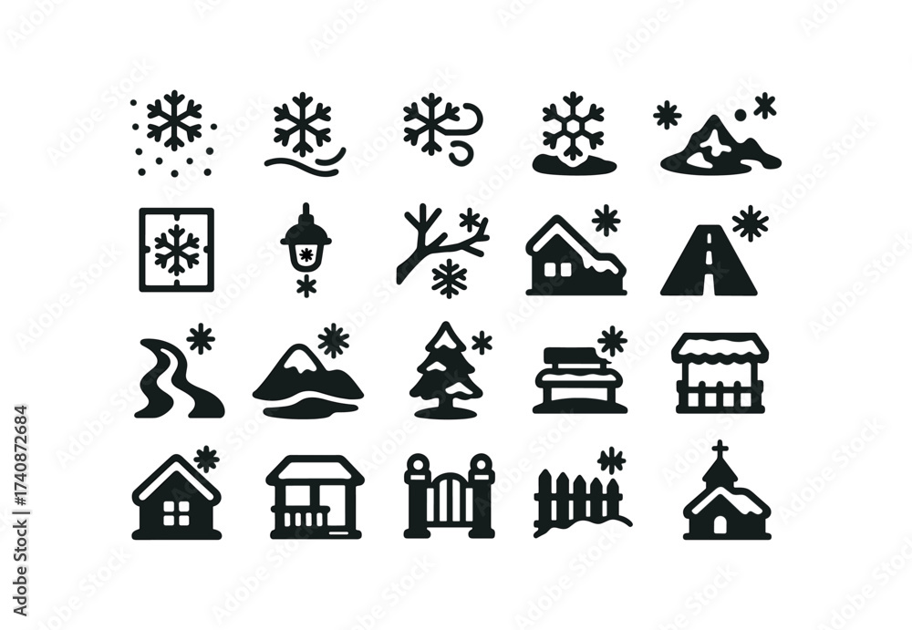 Fototapeta premium vector solid black filled icons Snowflakes (Scenes) snow, falling, flake, drifting, swirling, piling, melting, freezing, window, frost, lamp, branch, roof, road.