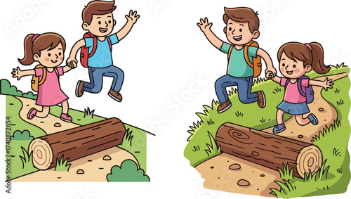 Children hiking, kids jumping over log, outdoor adventure, happy school kids, nature trail, cartoon illustration, playful activity, backpack travel, summer fun
