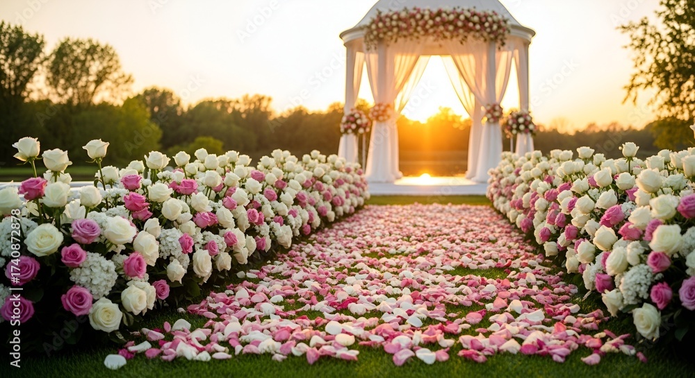 Fototapeta premium Outdoor wedding aisle with rose petals and white gazebo at sunset creating a romantic scene