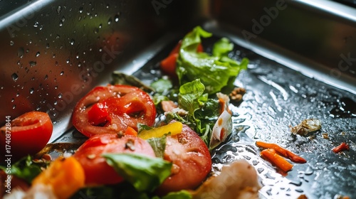 109.Garbage Disposal Unit in a Stainless Steel Kitchen Sink with Food Scraps