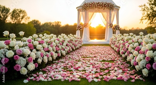 Outdoor wedding aisle with rose petals and white gazebo at sunset creating a romantic scene